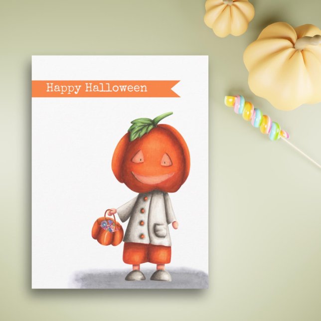 Cartão Postal Jack O Lanterna Pumpkin Head Boy Feliz Dia das Bru (Cute Kids Jack O Lantern Pumpkin Head Halloween Postcard by Kinda Cute by Patricia Alvarez)