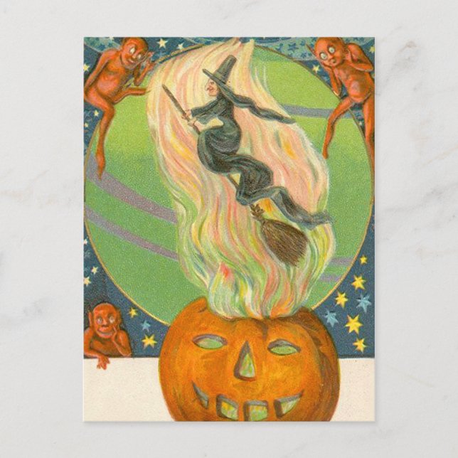 Cartão Postal Jack O'Lantern Pumpkin Witch Fire Demon (Frente)