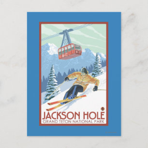 Cartão Postal Jackson Hole, esquiador de Wyoming e bonde