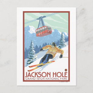 Cartão Postal Jackson Hole, Wyoming Skier e Tram