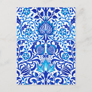 Cartão Postal Jacobean Floral Damask, Cobalt Azul e Branco