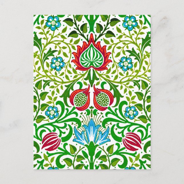 Cartão Postal Jacobean Floral Damask, Green and Coral Red (Frente)