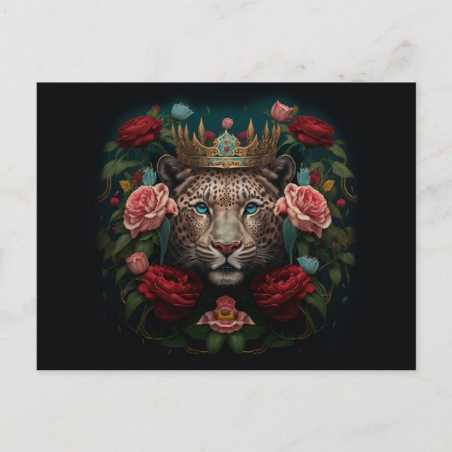 Cartão Postal Jaguar com Coroa em Pintura de Flores (Frente)