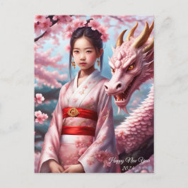 Cartão Postal Jahr des Drachen 2024 - Mädchen zwischen Kirschblü