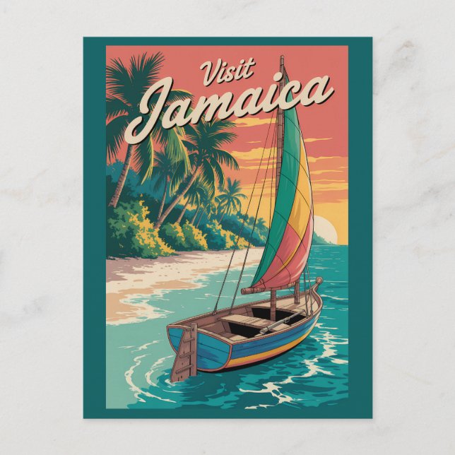 Cartão Postal Jamaica Boat Illustration Travel Art Vintage (Frente)