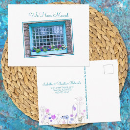 Cartão Postal Janela Azul Que Mudamos Colorida Flor Box