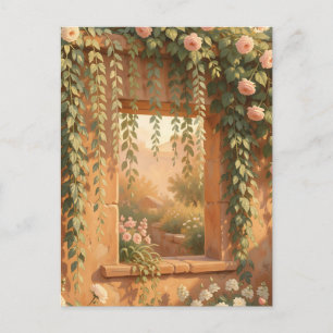 Cartão Postal Janela de Pedra Coberta de Rosa Romântica Jardim