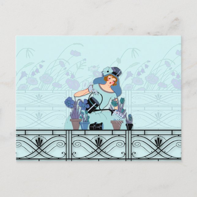 CARTÃO POSTAL JANELA GARDEN, ART DECO LADY: AZUL FRANCÊS (Frente)