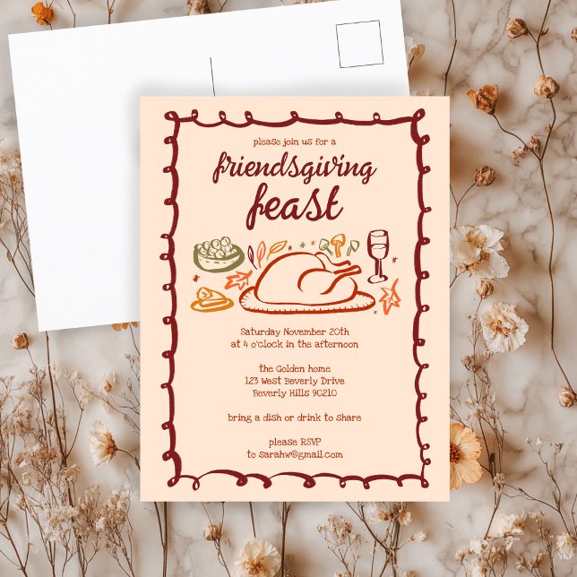 Cartão Postal Janto de Ação de Graças Personalizado (Whimsical Thanksgiving Friendsgiving Dinner Custom Postcard
)