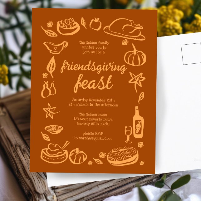 Cartão Postal Janto de Ação de Graças Personalizado (Whimsical Thanksgiving Friendsgiving Dinner Custom Postcard
)