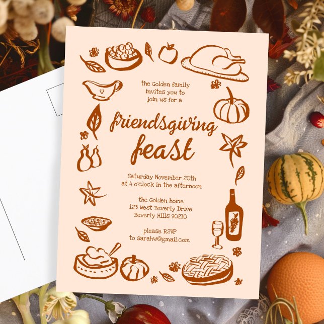 Cartão Postal Janto de Ação de Graças Personalizado (Whimsical Thanksgiving Friendsgiving Dinner Custom Postcard
)