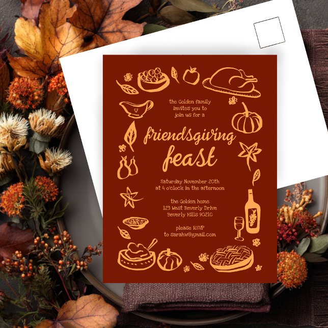 Cartão Postal Janto de Ação de Graças Personalizado (Whimsical Thanksgiving Friendsgiving Dinner Custom Invitation Postcard
)
