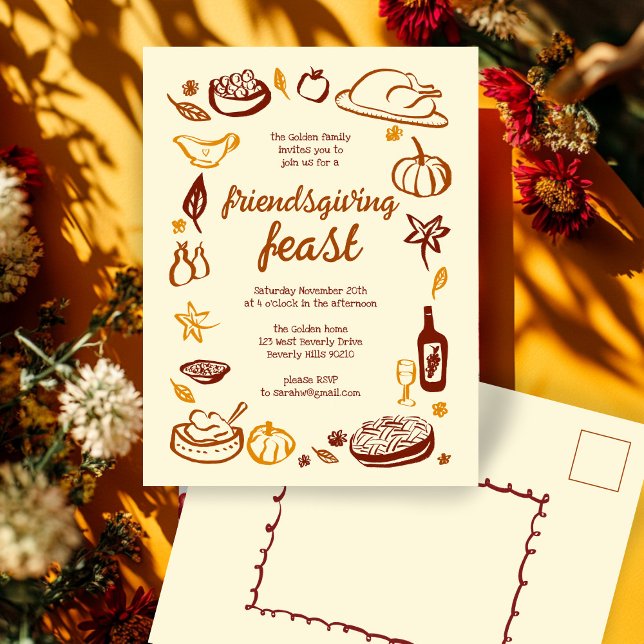 Cartão Postal Janto de Ação de Graças Personalizado (Whimsical Thanksgiving Friendsgiving Dinner Doodle Custom Postcard Invitation
)