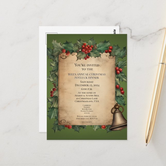 Cartão Postal Janto de Natal Potluck Velho World Scroll Convidad (Frente/Verso In Situ)