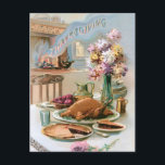 Cartão Postal Janto Festivo Vintage Ação de Graças Turquia<br><div class="desc">Ilustração de férias vitoriana nostálgica e festiva restaurada, com mesa elegante com vaso de flores fixado para um banquete de Ação de Graças com peru, tarte de fruta e cesto de maçãs. Em fundo há uma lareira acolhedora com o texto "Ação de Graças" enfumaçado flutuando das chamas. A parte traseira...</div>