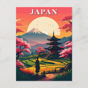 Cartão Postal Japão Monte Fuji, Pagode Flor de Cerejeira Vintage