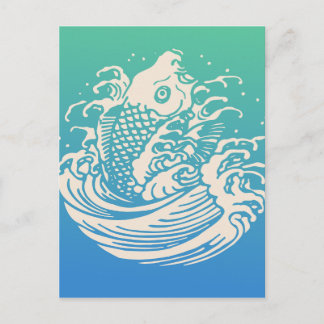 Cartão Postal Japonês Art Koi Fish Blue Vintage Design