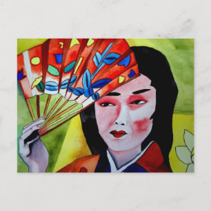Cartão Postal Japonês Geisha com arte original de aquarela