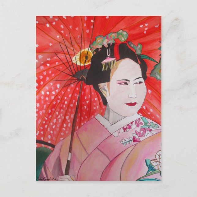 Cartão Postal Japonês Geisha com arte original de guarda-chuva v (Frente)
