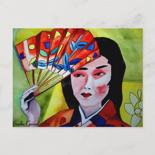 Cartão Postal japonês Geisha com fã (Frente)