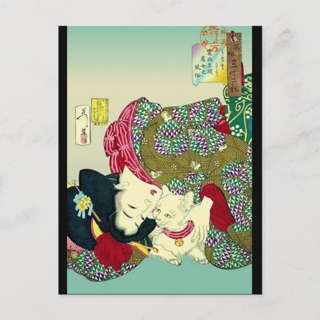 Cartão Postal Japonês Mulheres e Gato (Frente)