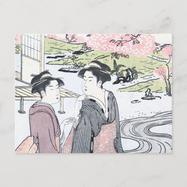 Cartão Postal Japonês Ukiyo-e Niwa nenhum hanami por Eishi (Frente)