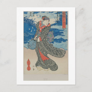 Cartão Postal Japonesa pelo mar (impressão de bloco de madeira 