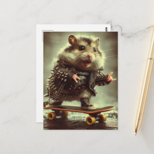 Cartão Postal Jaqueta Pontiaguda de Punk Fofo Hamster de Skate