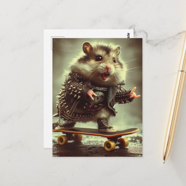 Cartão Postal Jaqueta Pontiaguda de Punk Fofo Hamster de Skate (Frente/Verso In Situ)