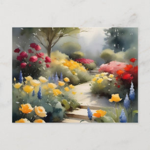 Cartão Postal Jardim bonito com flores azuis de rosas amarelas v