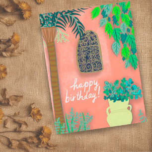 Cartão Postal Jardim Cor-de-Rosa Parede Palmeira Exótica FELIZ A