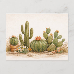 Cartão Postal Jardim de Cactus no Deserto em Aquarela Neutra Sua