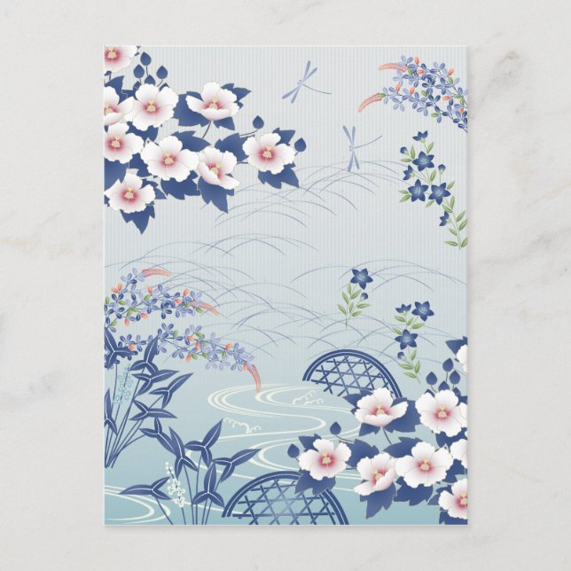 Cartão Postal Jardim de Flor Japonês Azul-Claro Elegante (Frente)