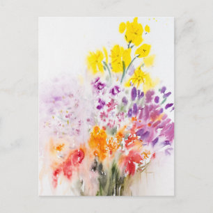 Cartão Postal Jardim de Flores Amarelas Roxas e Vermelhas Aquare