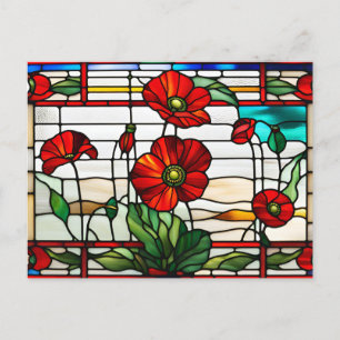 Cartão Postal Jardim de Flores de Papoula Vermelha em Vidro Pint