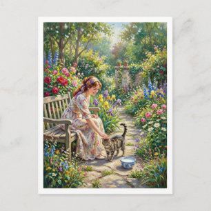 Cartão Postal Jardim de Flores Impressionista Gato Tigela de Lei