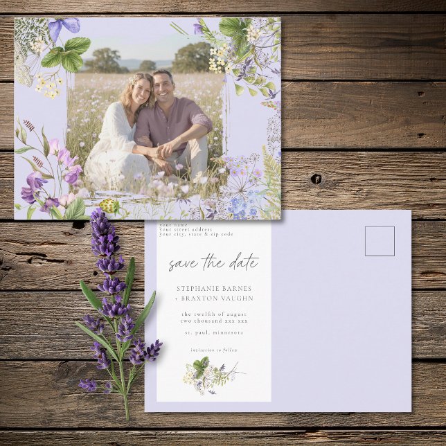 Cartão Postal Jardim de Flores Silvestres de Lavanda Salvar Data (Lavender Wildflower Garden Save the Date Photo Postcard)