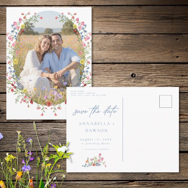 Cartão Postal Jardim de Flores Silvestres Românticas da Primaver (Romantic Spring Wildflower Garden Photo Save Date Postcard)