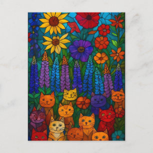 Cartão Postal Jardim de Gatos Arte de Gato em Vitral com Flores