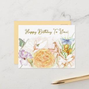 Cartão Postal Jardim de Polinizadores Feliz Aniversário Louva-a-