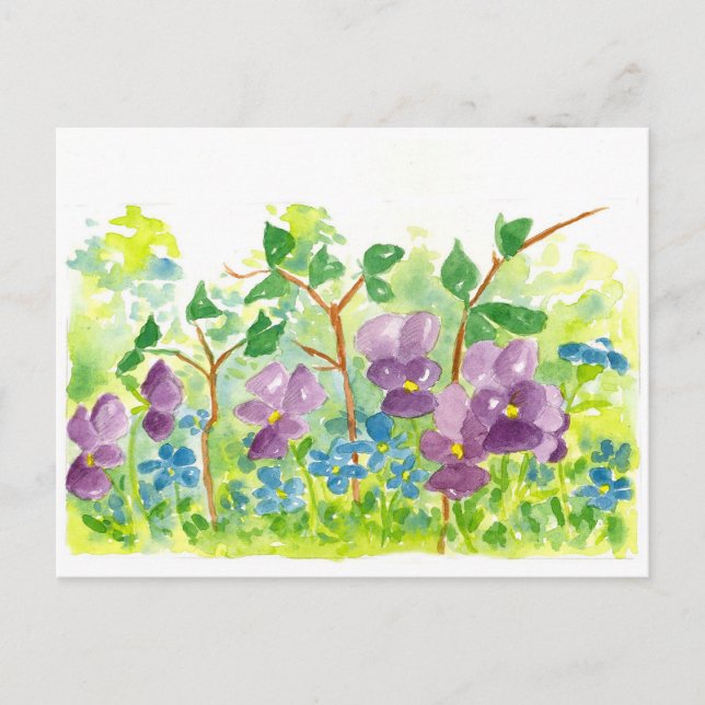 Cartão Postal Jardim de Primavera de Flores de Aquarela com Viol (Frente)