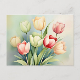 Cartão Postal Jardim de Tulipas em Aquarela sobre Verde Sage
