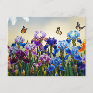 Cartão Postal Jardim de Verão com flores e borboletas de íris