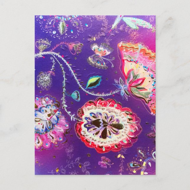 Cartão Postal Jardim Floral de Borboleta Rosa Púrpura (Frente)