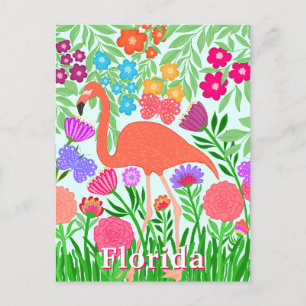 Cartão Postal Jardim Floral Vibrante com Design de Flamingo