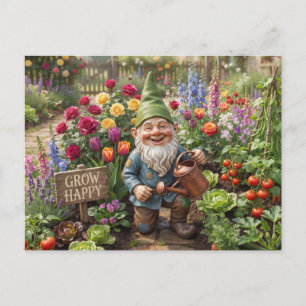 Cartão Postal Jardim Sorrindo Anão Regando Flores no Jardim