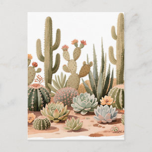Cartão Postal Jardim Suculento de Cactus do Deserto em Aquarela