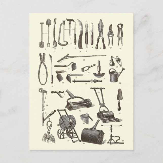 Cartão Postal Jardineiro Elegante - Ferramentas Antigas para Jar (Frente)