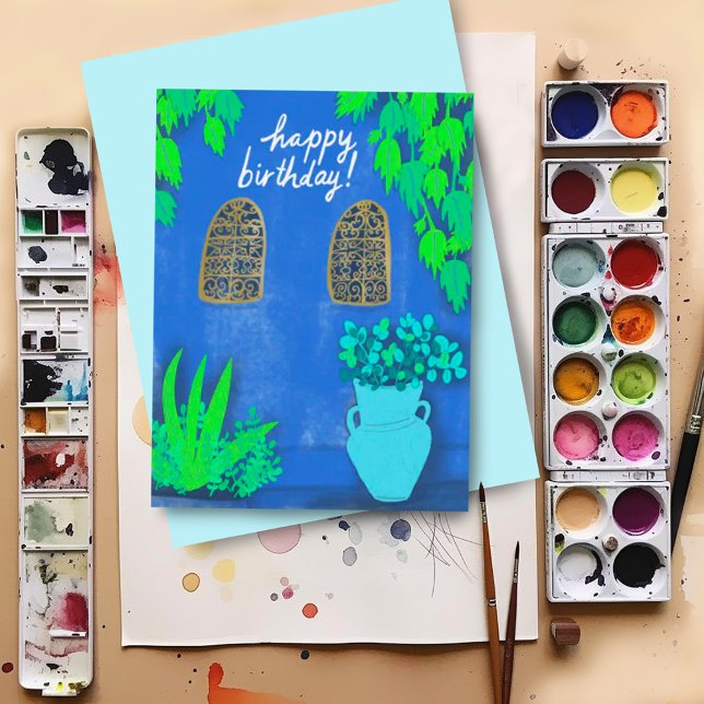 Cartão Postal Jardins Majorelle Azul La Jardin FELIZ ANIVERSÁRIO (Custom happy birthday postcard with colorful artwork inspired by Majorelle Gardens)