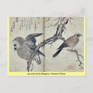 Cartão Postal Jay e coruja por Kitagawa, Utamaro Ukiyoe